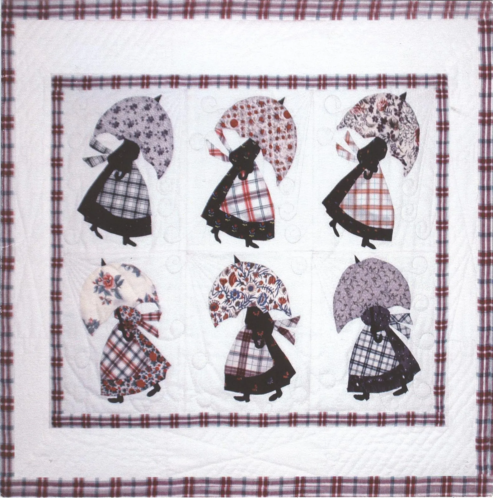 Quilt met zes meisjes in geruite dracht onder paraplu’s.